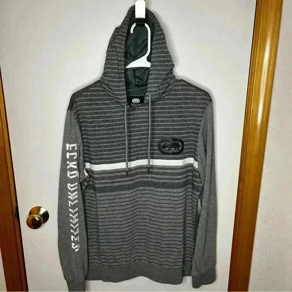 Ecko Unltd Long Sleeve Hooded Shirt Men Medium Gray Stripe Black Rhino‎ Logo